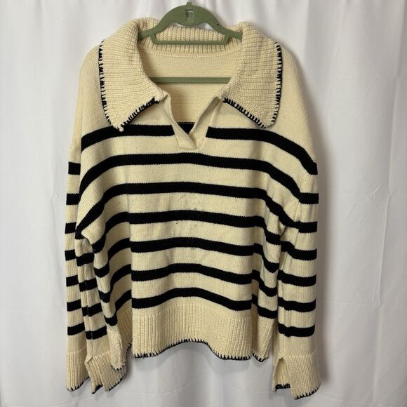 Unbranded Women’s Collared Polo Sweater Cream & Navy Stripe 2XL Nautical Boho - Picture 5 of 12